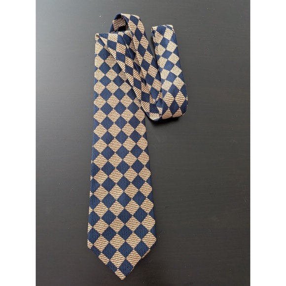 Paul Frederick Tie Italian Silk USA Made Blue Beige Diamonds Jacquard 58